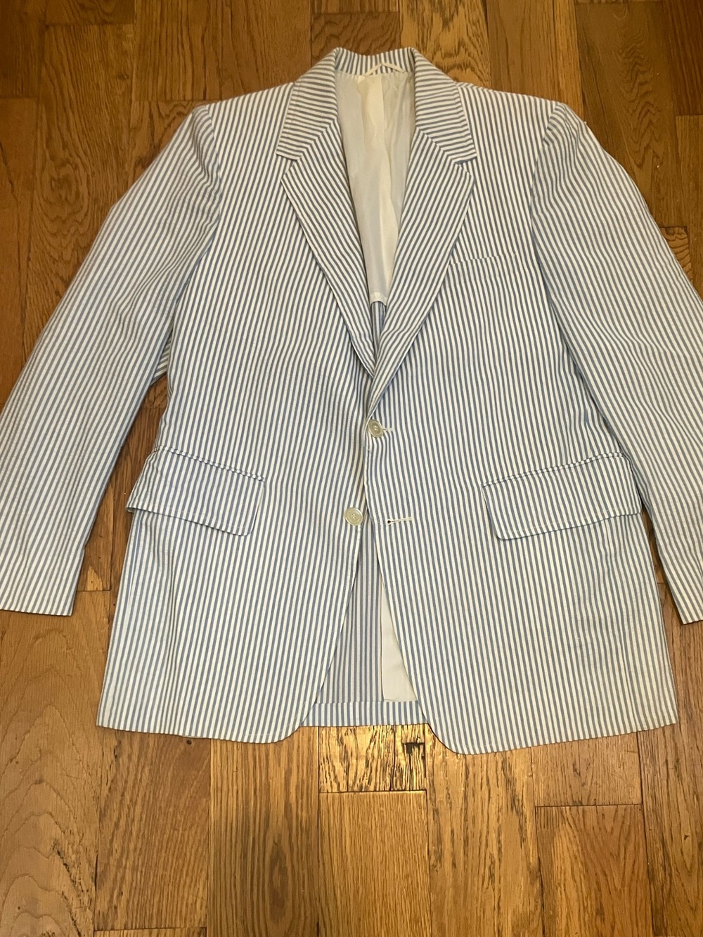 Vintage Palm Beach Seersucker Sport Coat Blue White Stripe Union Made Tailored